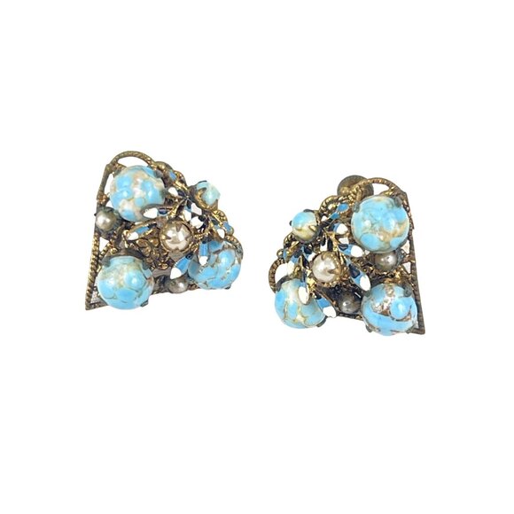 Vintage Czech Brass Turquoise Glass Cabochon Screw Back Earrings 3/4" - Picture 2 of 8